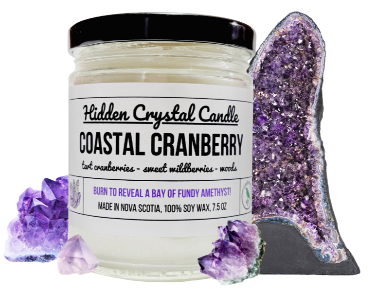 Nova Scotia candle with hidden Bay of Fundy amethyst crystal