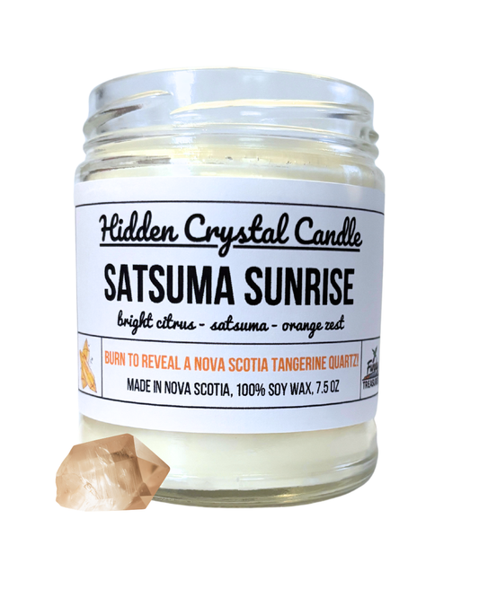 Handmade candle with hidden Nova Scotia tangerine quartz crystal
