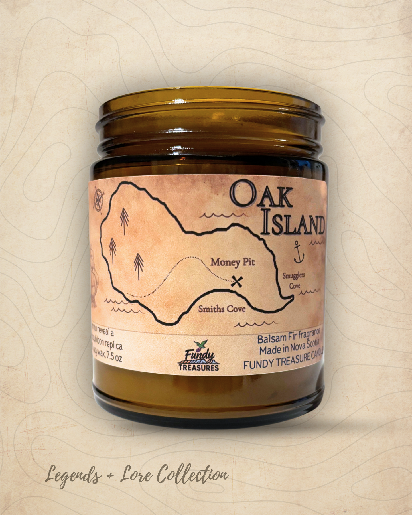 Oak Island themed candle inspired by Nova Scotia’s famous treasure island