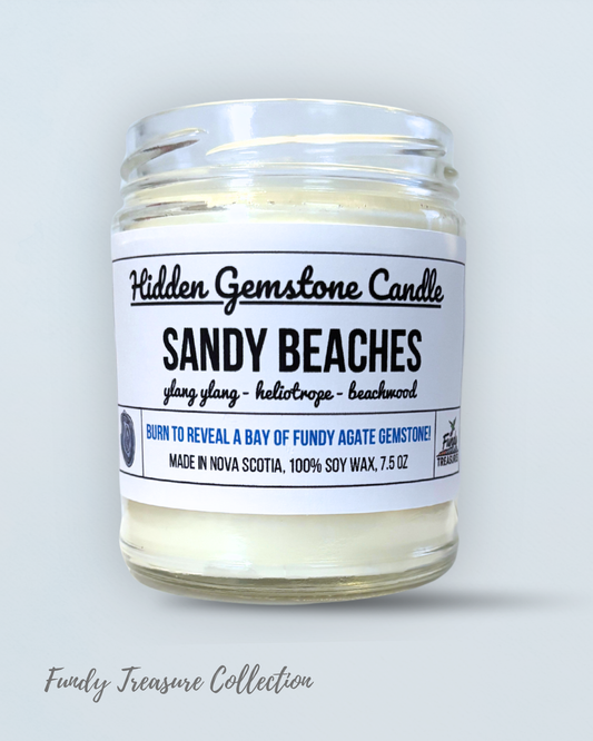 Handmade Nova Scotia candle with hidden Bay of Fundy agate gemstone