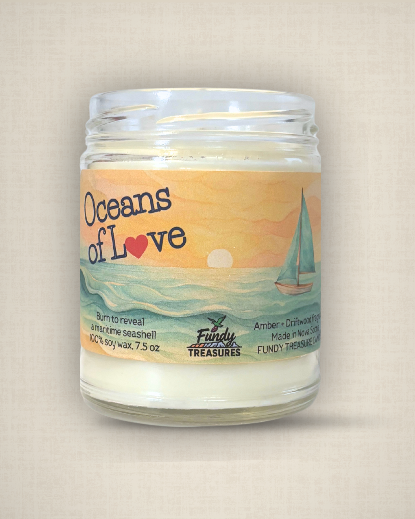 Oceans of Love candle with coastal Nova Scotia theme