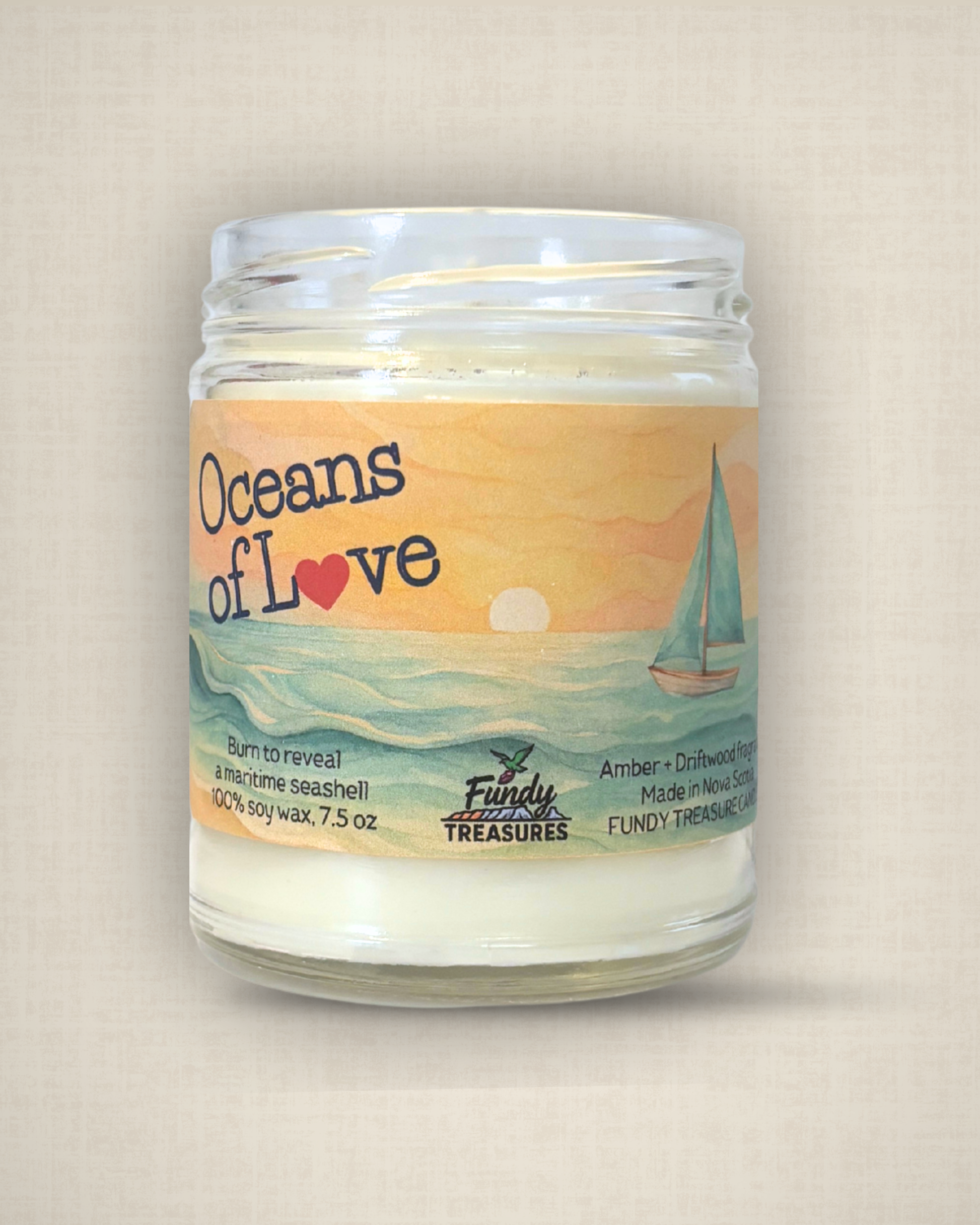 Oceans of Love candle with coastal Nova Scotia theme
